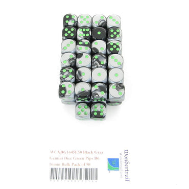 WCXDG1645E50 Black Gray Gemini Dice Green Pips D6 16mm Bulk Pack of 50 (ONLINE ORDER ONLY)