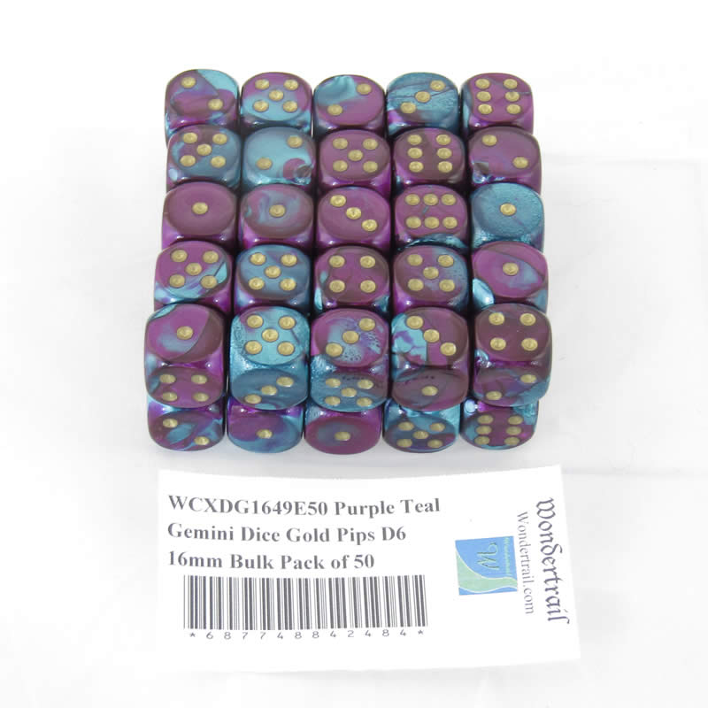 WCXDG1649E50 PurpleTeal Gemini Dice Gold Pips D6 16mm Bulk Pack of 50 (ONLINE ORDER ONLY)