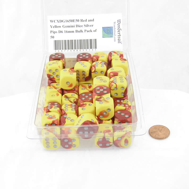 WCXDG1650E50 Red and Yellow Gemini Dice Silver Pips D6 16mm Bulk Pack of 50 (ONLINE ORDER ONLY)