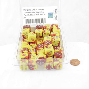 WCXDG1650E50 Red and Yellow Gemini Dice Silver Pips D6 16mm Bulk Pack of 50 (ONLINE ORDER ONLY)