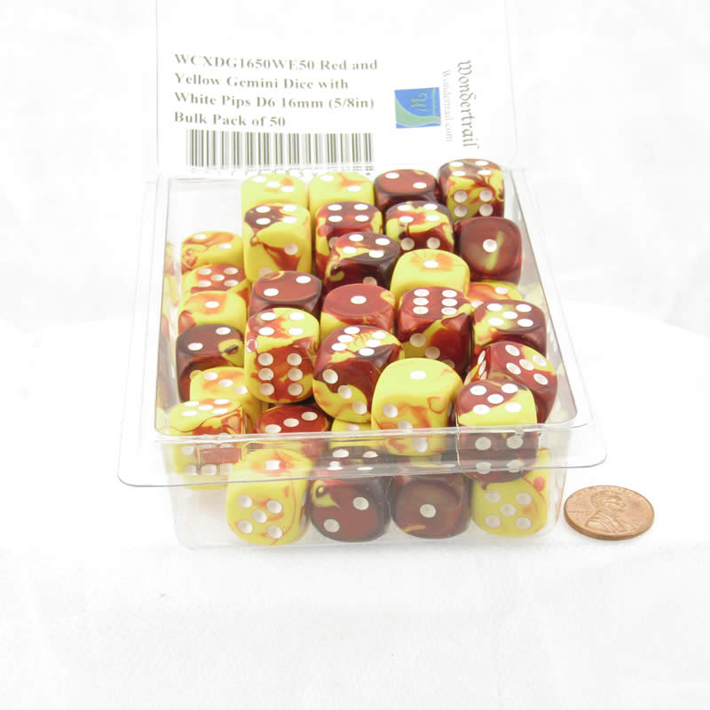 WCXDG1650WE50 Red and Yellow Gemini Dice with White Pips D6 16mm (5/8in) Bulk Pack of 50 (ONLINE ORDER ONLY)