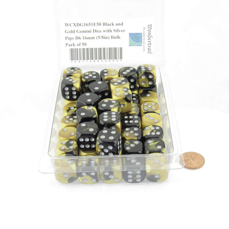 WCXDG1651E50 Black Gold Gemini Dice Silver Pips D6 16mm Bulk Pack of 50 (ONLINE ORDER ONLY)