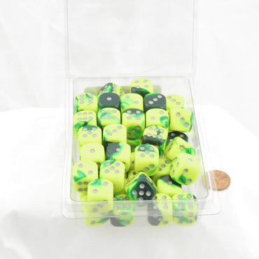 WCXDG1654E50 Green Yellow Gemini Dice Silver Pips D6 16mm Bulk Pack of 50 (ONLINE ORDER ONLY)