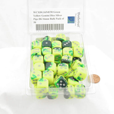 WCXDG1654E50 Green Yellow Gemini Dice Silver Pips D6 16mm Bulk Pack of 50 (ONLINE ORDER ONLY)