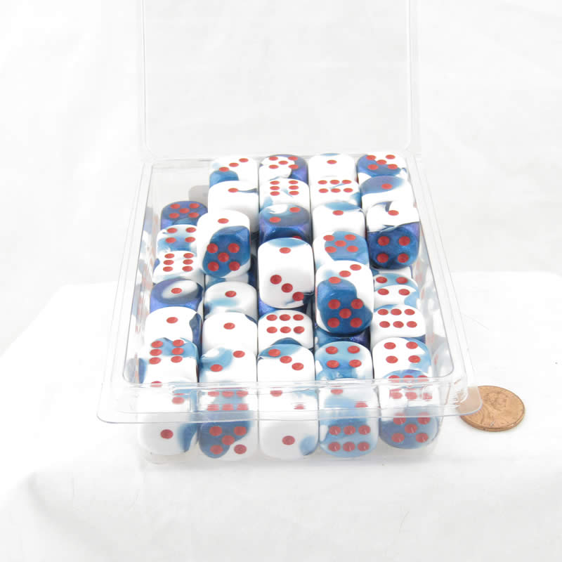 WCXDG1657E50 Astral Blue and White Gemini Dice Red Pips D6 16mm (5/8in) Bulk Pack of 50 (ONLINE ORDER ONLY)