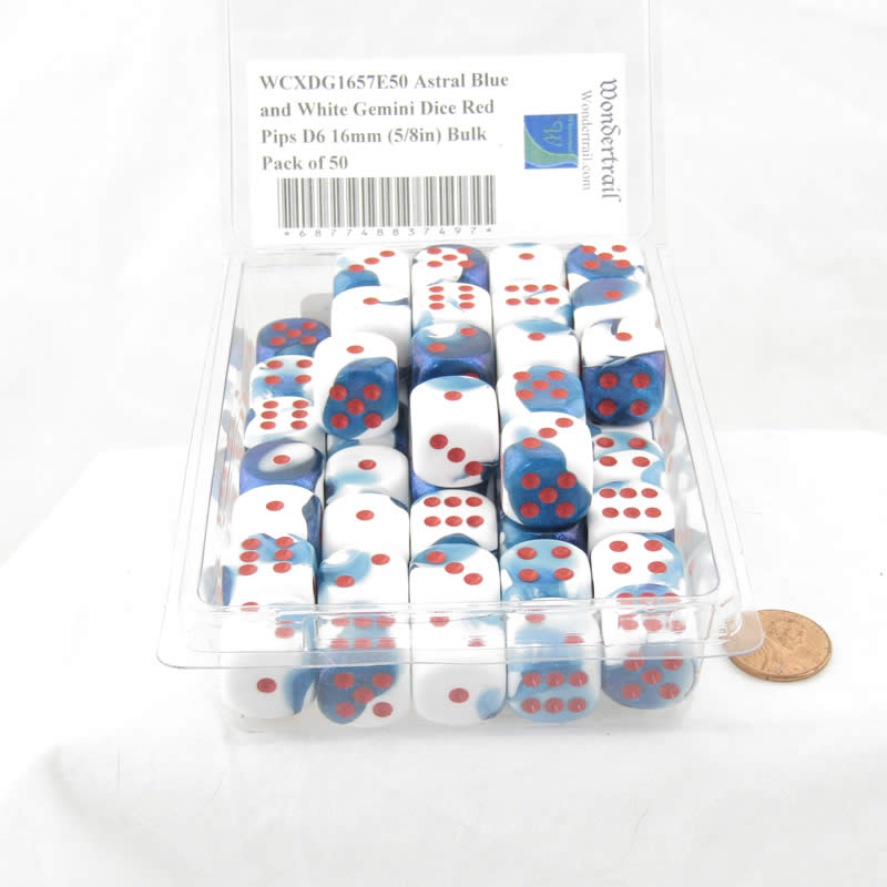 WCXDG1657E50 Astral Blue and White Gemini Dice Red Pips D6 16mm (5/8in) Bulk Pack of 50 (ONLINE ORDER ONLY)