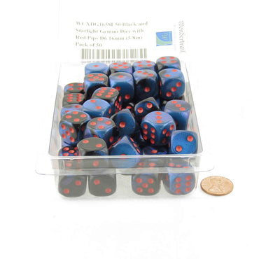 WCXDG1658E50 Black and Starlight Gemini Dice with Red Pips D6 16mm (5/8in) Pack of 50 (ONLINE ORDER ONLY)