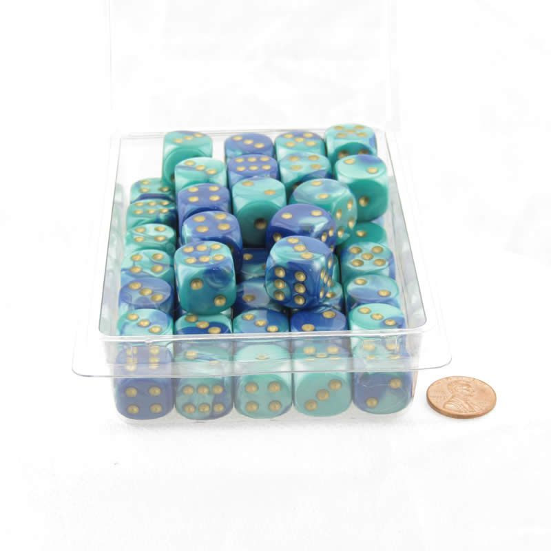 WCXDG1659E50 Blue and Teal Gemini Dice with Gold Pips D6 16mm (5/8in) Pack of 50 (ONLINE ORDER ONLY)