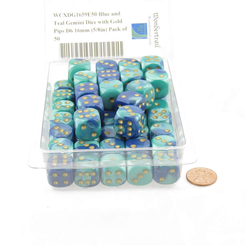 WCXDG1659E50 Blue and Teal Gemini Dice with Gold Pips D6 16mm (5/8in) Pack of 50 (ONLINE ORDER ONLY)
