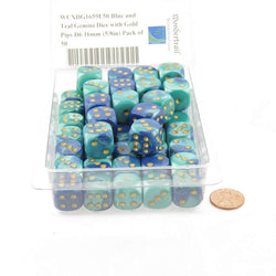 WCXDG1659E50 Blue and Teal Gemini Dice with Gold Pips D6 16mm (5/8in) Pack of 50 (ONLINE ORDER ONLY)