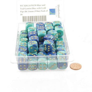 WCXDG1659E50 Blue and Teal Gemini Dice with Gold Pips D6 16mm (5/8in) Pack of 50 (ONLINE ORDER ONLY)