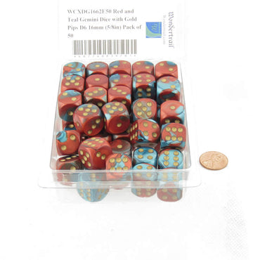WCXDG1662E50 Red and Teal Gemini Dice with Gold Pips D6 16mm (5/8in) Pack of 50 (ONLINE ORDER ONLY)