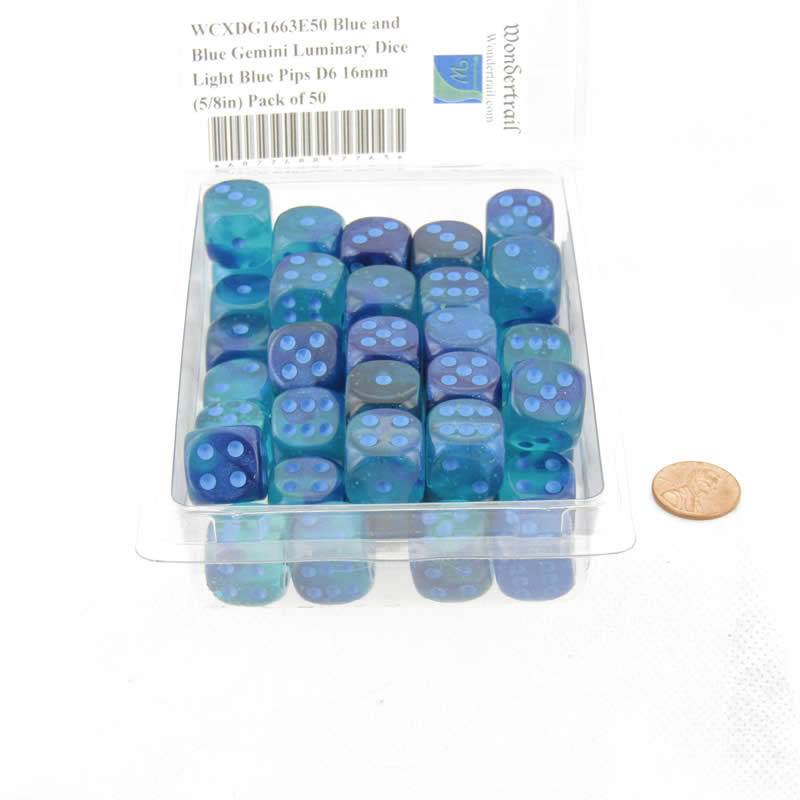 WCXDG1663E50 Blue and Blue Gemini Luminary Dice Light Blue Pips D6 16mm (5/8in) Pack of 50 (ONLINE ORDER ONLY)
