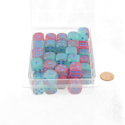 WCXDG1664E50 Gel Green and Pink Gemini Luminary Dice Blue Pips D6 16mm (5/8in) Pack of 50 (ONLINE ORDER ONLY)