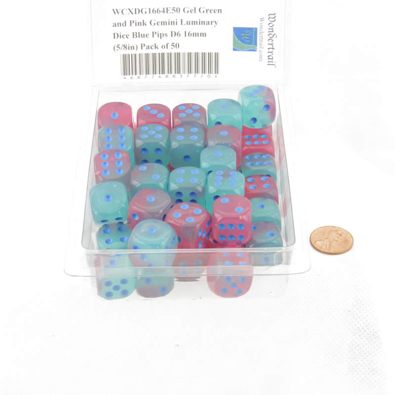 WCXDG1664E50 Gel Green and Pink Gemini Luminary Dice Blue Pips D6 16mm (5/8in) Pack of 50 (ONLINE ORDER ONLY)