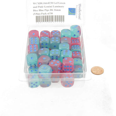 WCXDG1664E50 Gel Green and Pink Gemini Luminary Dice Blue Pips D6 16mm (5/8in) Pack of 50 (ONLINE ORDER ONLY)