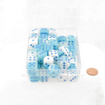 WCXDG1665E50 Pearl Turquoise and White Gemini Luminary Dice Blue Pips D6 16mm (5/8in) Pack of 50 (ONLINE ORDER ONLY)
