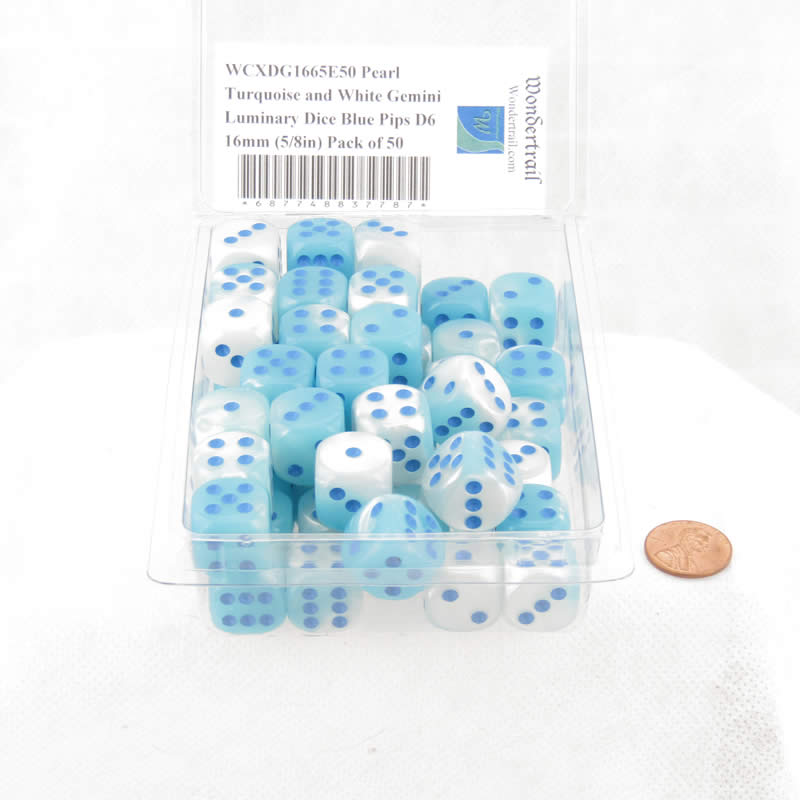 WCXDG1665E50 Pearl Turquoise and White Gemini Luminary Dice Blue Pips D6 16mm (5/8in) Pack of 50 (ONLINE ORDER ONLY)