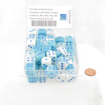 WCXDG1665E50 Pearl Turquoise and White Gemini Luminary Dice Blue Pips D6 16mm (5/8in) Pack of 50 (ONLINE ORDER ONLY)