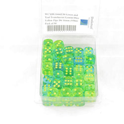 WCXDG1666E50 Green and Teal Translucent Gemini Dice Yellow Pips D6 16mm (5/8in) Pack of 50 (ONLINE ORDER ONLY)