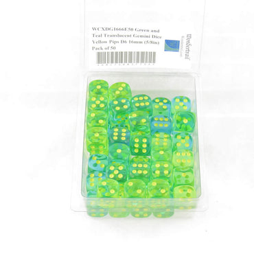 WCXDG1666E50 Green and Teal Translucent Gemini Dice Yellow Pips D6 16mm (5/8in) Pack of 50 (ONLINE ORDER ONLY)