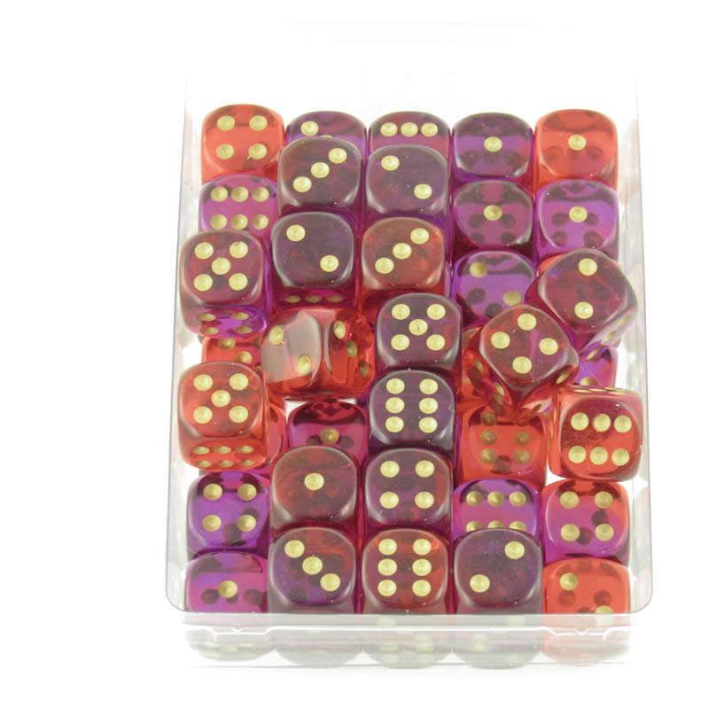 WCXDG1667E50 Red and Violet Translucent Gemini Dice Gold Pips D6 16mm (5/8in) Pack of 50 (ONLINE ORDER ONLY)