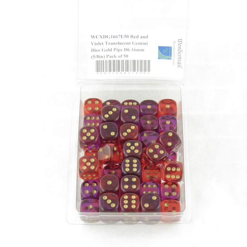 WCXDG1667E50 Red and Violet Translucent Gemini Dice Gold Pips D6 16mm (5/8in) Pack of 50 (ONLINE ORDER ONLY)