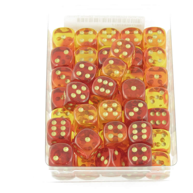 WCXDG1668E50 Red and Yellow Translucent Gemini Dice Gold Pips D6 16mm (5/8in) Pack of 50 (ONLINE ORDER ONLY)