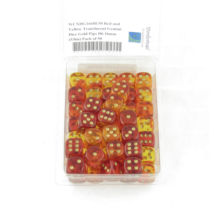 WCXDG1668E50 Red and Yellow Translucent Gemini Dice Gold Pips D6 16mm (5/8in) Pack of 50 (ONLINE ORDER ONLY)