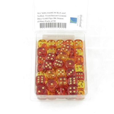 WCXDG1668E50 Red and Yellow Translucent Gemini Dice Gold Pips D6 16mm (5/8in) Pack of 50 (ONLINE ORDER ONLY)