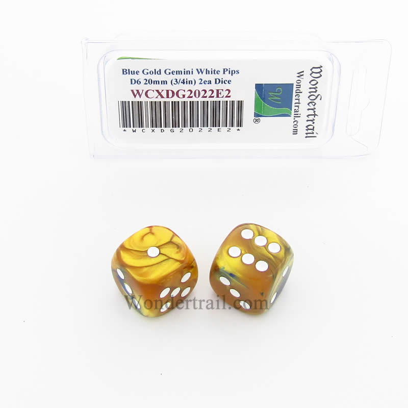 WCXDG2022E2 Blue Gold Gemini Dice White Pips 20mm (3/4in) D6 Pack of 2 (ONLINE ORDER ONLY)