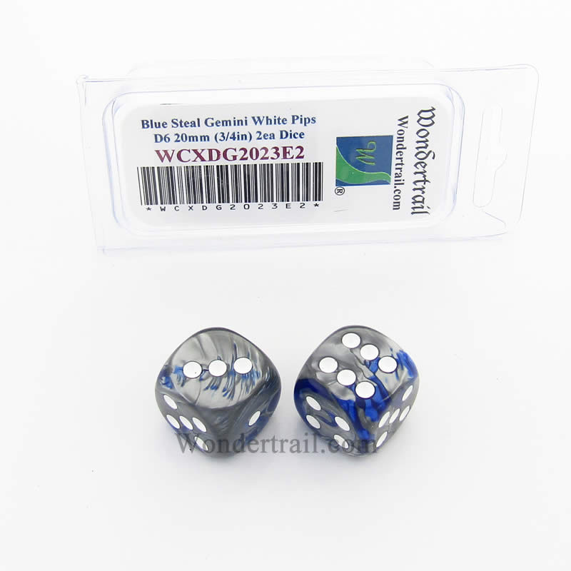 WCXDG2023E2 Blue Steal Gemini Dice White Pips 20mm (3/4in) D6 Pack of 2 (ONLINE ORDER ONLY)