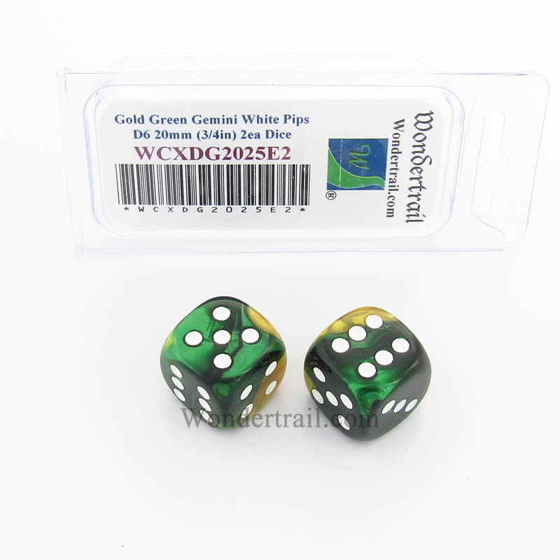 WCXDG2025E2 Gold Green Gemini Dice White Pips 20mm D6 Pack of 2 (ONLINE ORDER ONLY)
