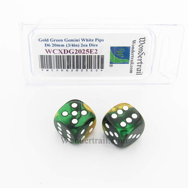 WCXDG2025E2 Gold Green Gemini Dice White Pips 20mm D6 Pack of 2 (ONLINE ORDER ONLY)