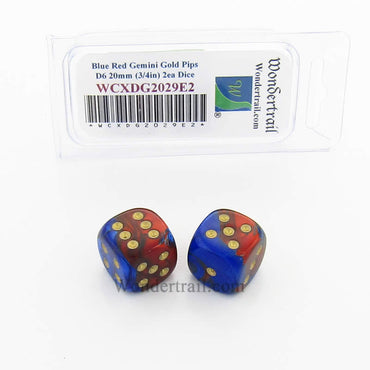 WCXDG2029E2 Blue Red Gemini Dice Gold Pips 20mm D6 Pack of 2 (ONLINE ORDER ONLY)