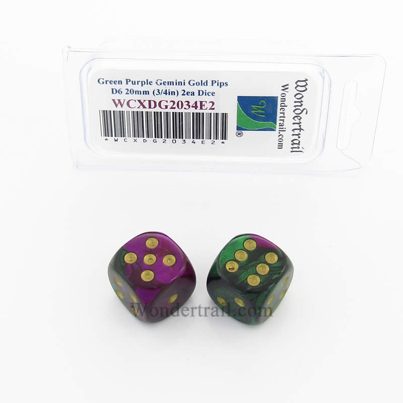 WCXDG2034E2 Green Purple Gemini Dice Gold Pips 20mm D6 Pack of 2 (ONLINE ORDER ONLY)