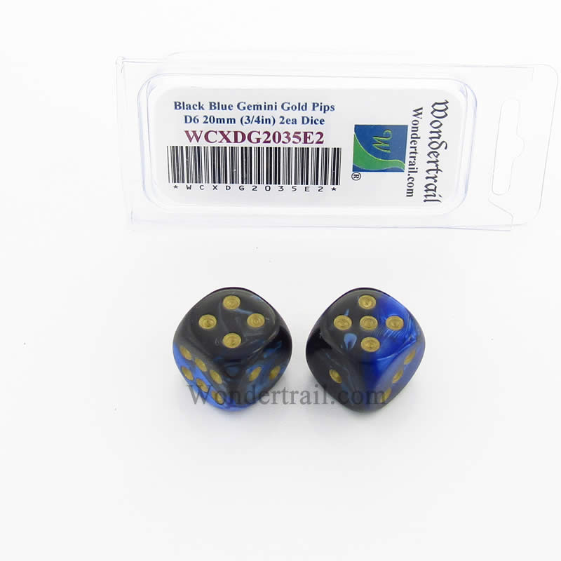 WCXDG2035E2 Black Blue Gemini Dice Gold Pips 20mm D6 Pack of 2 (ONLINE ORDER ONLY)