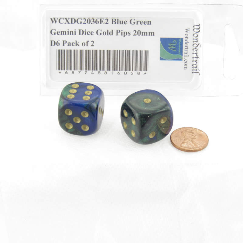 WCXDG2036E2 Blue Green Gemini Dice Gold Pips 20mm D6 Pack of 2 (ONLINE ORDER ONLY)