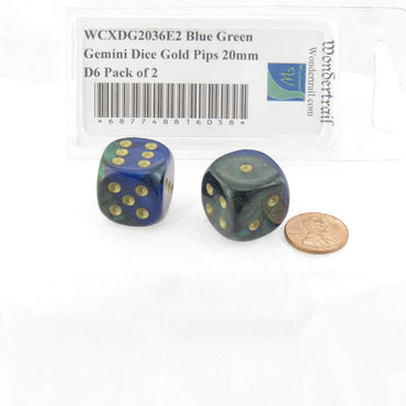 WCXDG2036E2 Blue Green Gemini Dice Gold Pips 20mm D6 Pack of 2 (ONLINE ORDER ONLY)