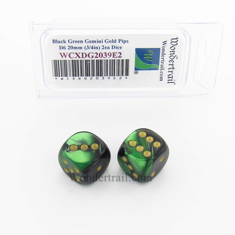 WCXDG2039E2 Black Green Gemini Dice Gold Pips 20mm D6 Pack of 2 (ONLINE ORDER ONLY)