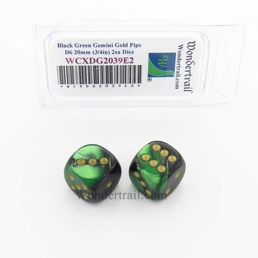 WCXDG2039E2 Black Green Gemini Dice Gold Pips 20mm D6 Pack of 2 (ONLINE ORDER ONLY)