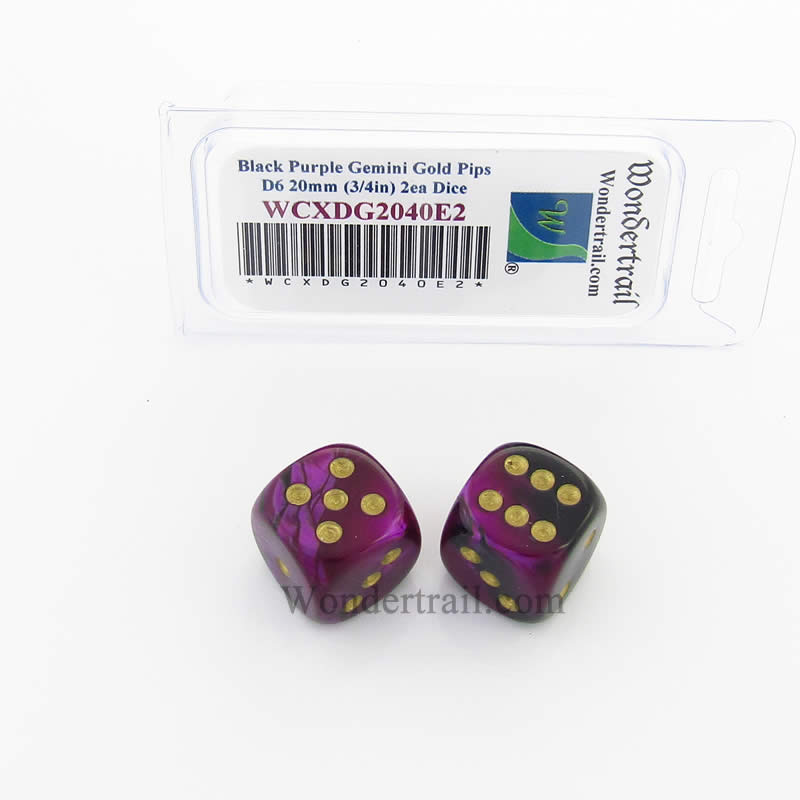 WCXDG2040E2 Black Purple Gemini Dice Gold Pips 20mm D6 Pack of 2 (ONLINE ORDER ONLY)