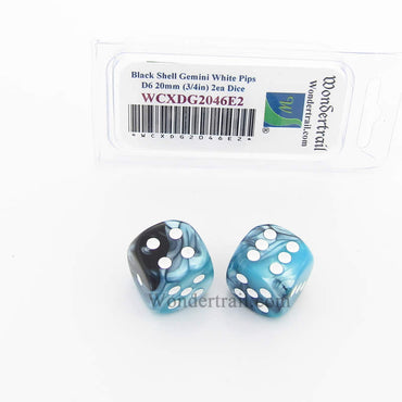 WCXDG2046E2 Black Shell Gemini Dice White Pips 20mm D6 Pack of 2 (ONLINE ORDER ONLY)