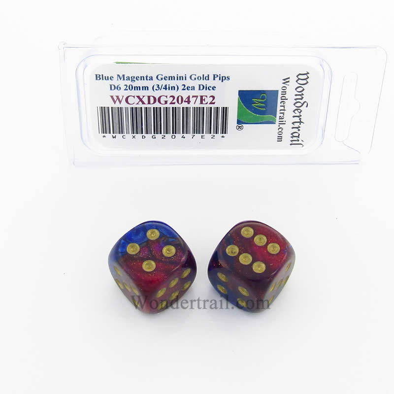 WCXDG2047E2 Blue Magenta Gemini Dice Gold Pips 20mm D6 Pack of 2 (ONLINE ORDER ONLY)