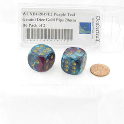 WCXDG2049E2 Purple Teal Gemini Dice Gold Pips 20mm D6 Pack of 2 (ONLINE ORDER ONLY)