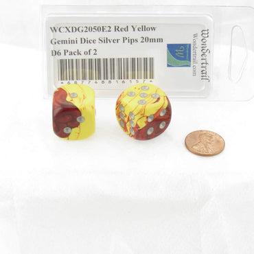 WCXDG2050E2 Red Yellow Gemini Dice Silver Pips 20mm D6 Pack of 2 (ONLINE ORDER ONLY)