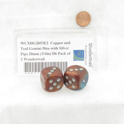 WCXDG2053E2  Copper and Teal Gemini Dice with Silver Pips 20mm (3/4in) D6 Pack of 2 (ONLINE ORDER ONLY)