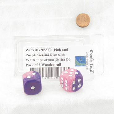 WCXDG2055E2  Pink and Purple Gemini Dice with White Pips 20mm (3/4in) D6 Pack of 2 (ONLINE ORDER ONLY)