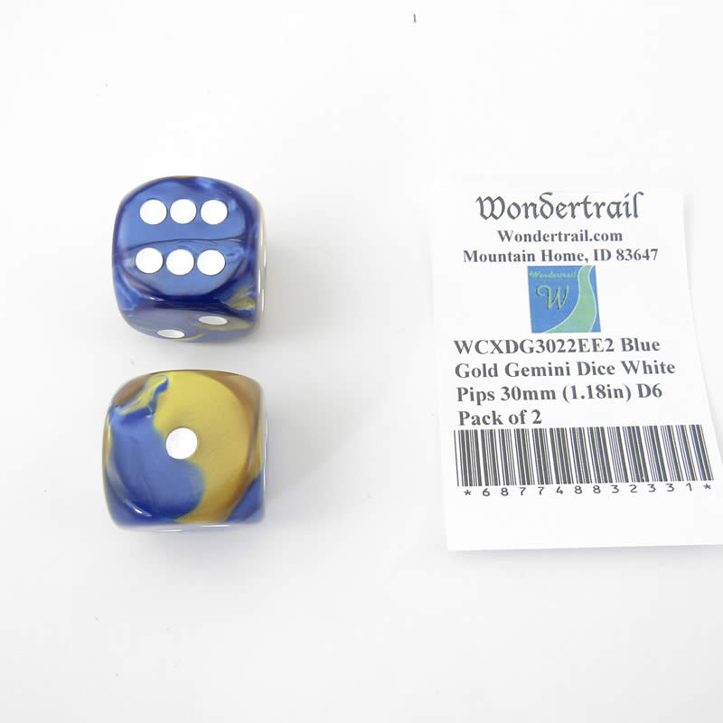 WCXDG3022EE2 Blue Gold Gemini Dice White Pips 30mm (1.18in) D6 Pack of 2 (ONLINE ORDER ONLY)