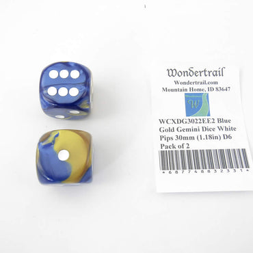 WCXDG3022EE2 Blue Gold Gemini Dice White Pips 30mm (1.18in) D6 Pack of 2 (ONLINE ORDER ONLY)